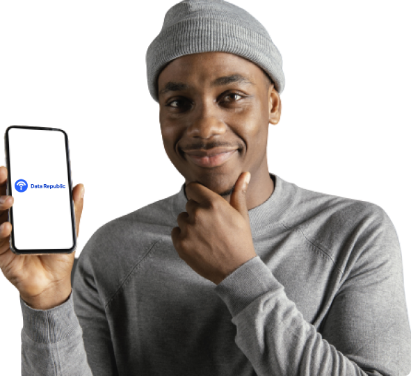 Hero section Image of a black man using a phone with the datarepublic logo on it