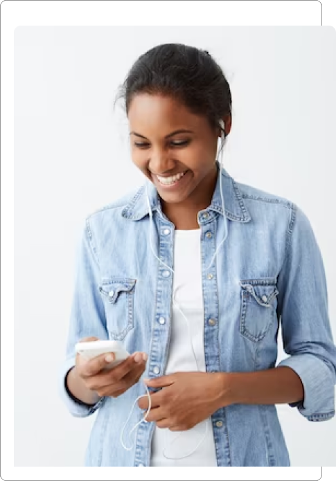 A black woman holding up her phone