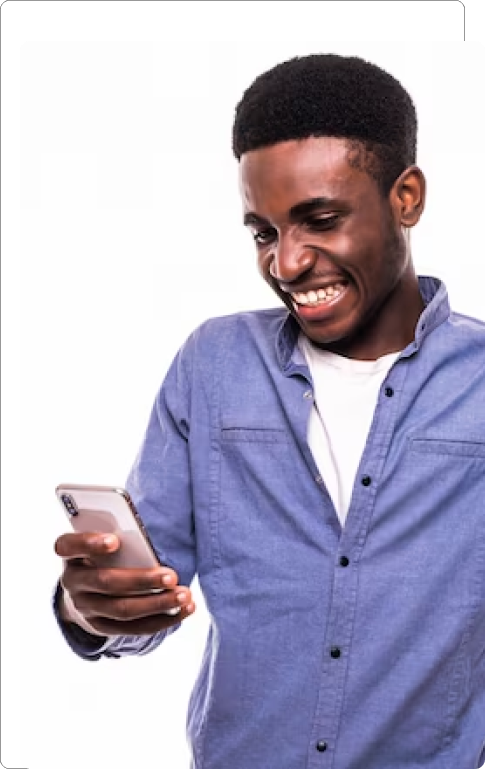 A black man holding up her phone